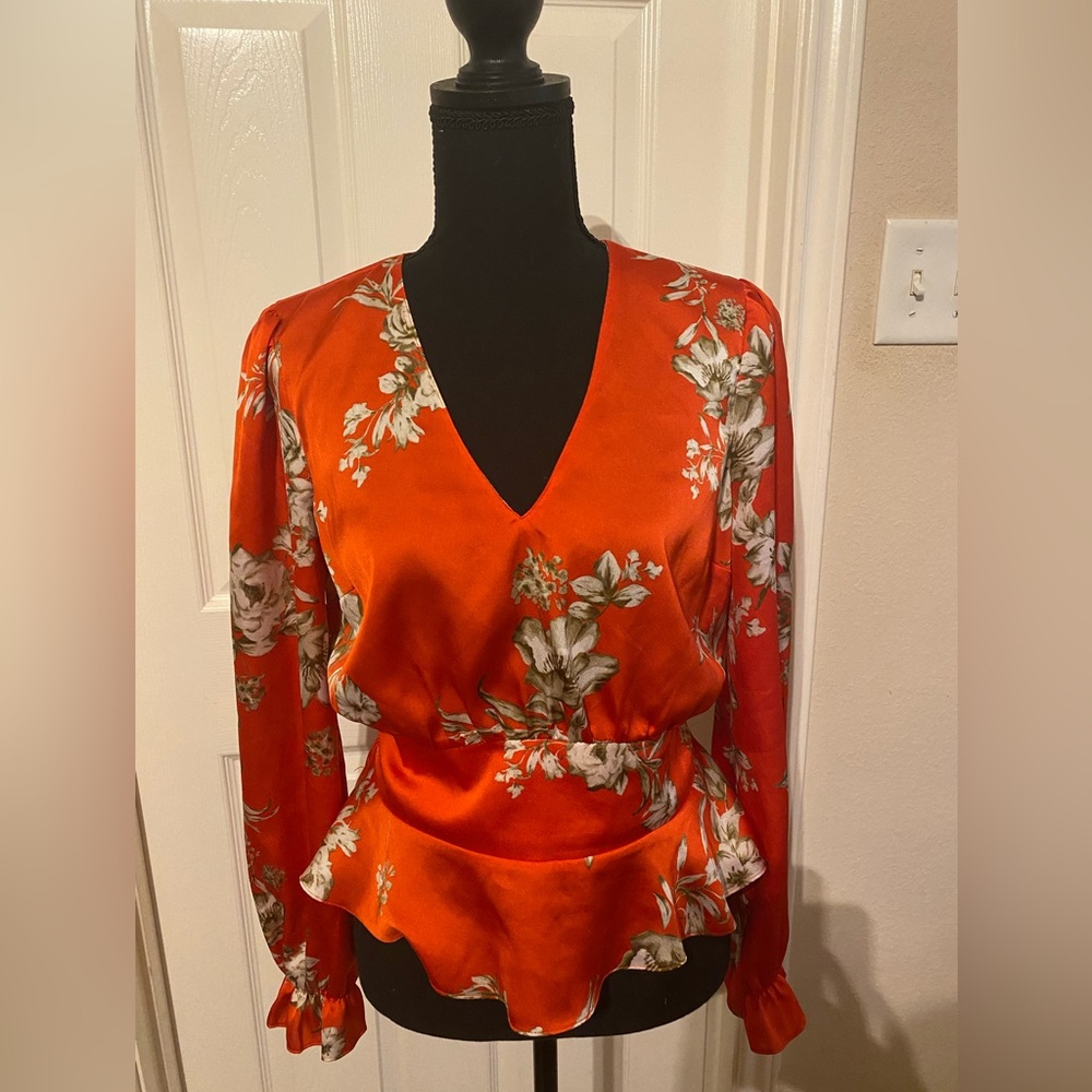 Bar III Peplum Floral Top with Elastic Ruffle Sleeve